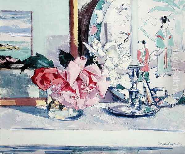 A Still Life - Roses (lona) Oil Painting by Francis Campbell Boileau Cadell