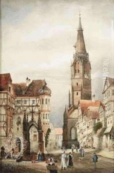 Themarket Place At Reutlingen With View To The Church St Oil Painting by Friedrich Eibner