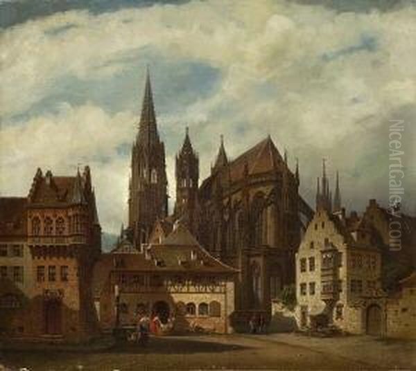 Blick Auf Das Munster In Freiburg
 Im Breisgau. Oil Painting by Friedrich Eibner