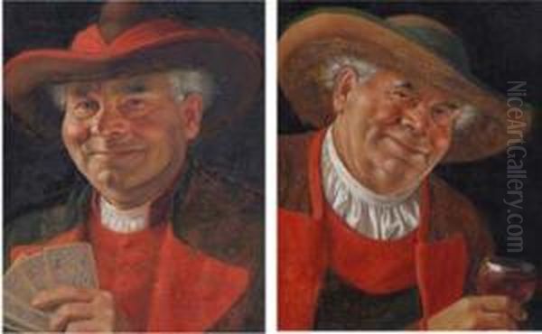 Man With Cards And Man With Glass Of Wine Oil Painting by Erwin Eichinger