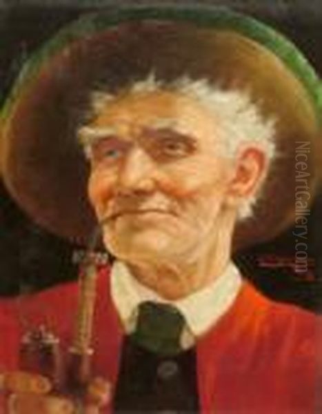 2004- Portrait Of A Man Head And Shoulders In A Hat Smoking A Pipe Oil Painting by Erwin Eichinger