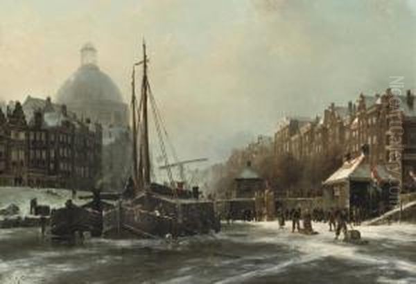 Winterdag: On The Frozen Singel, Amsterdam Oil Painting by Willem Hendrik Eickelberg