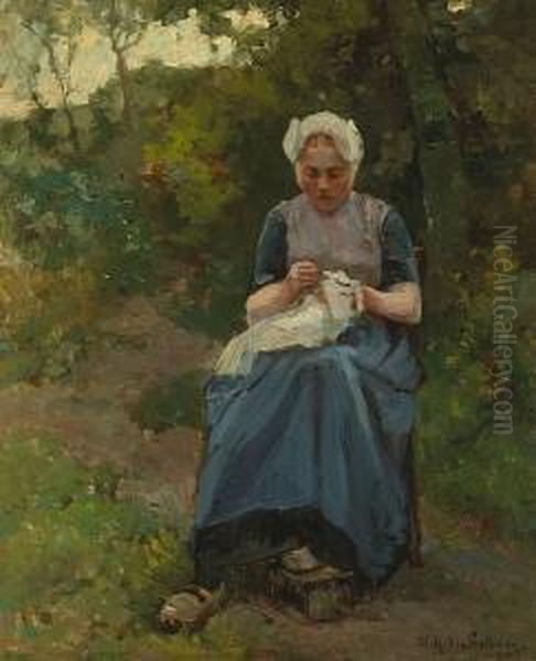 A Young Woman Sewing In A Garden Oil Painting by Willem Hendrik Eickelberg