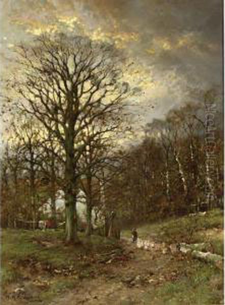 Autumnlandscape With A Farmhouse In The Distance Oil Painting by Willem Hendrik Eickelberg