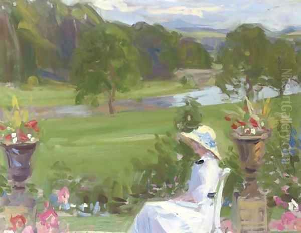 Jean Cadell at Dalserf, seated in a white dress Oil Painting by Francis Campbell Boileau Cadell