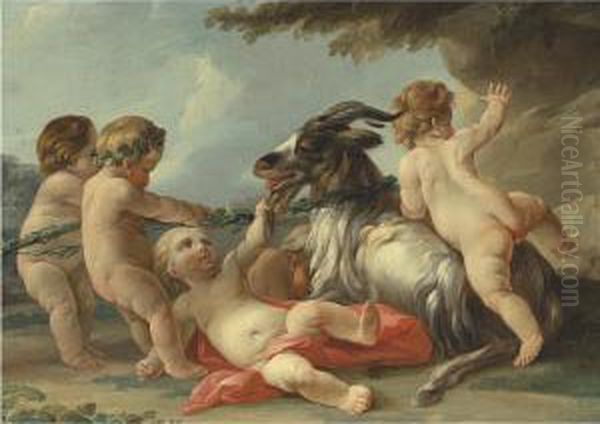 Putti Playing With A Goat Oil Painting by Charles Dom. Joseph Eisen