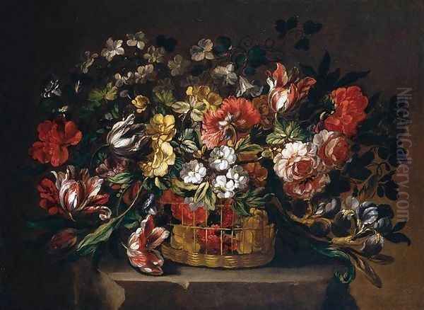 Flowers in a Basket 1680s Oil Painting by Gabriel De La Corte