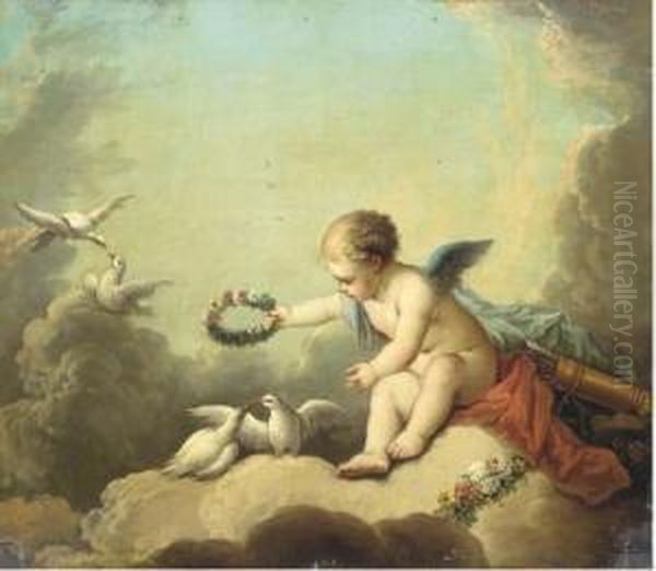 Cupid Playing With Doves Among The Clouds Oil Painting by Charles Dom. Joseph Eisen