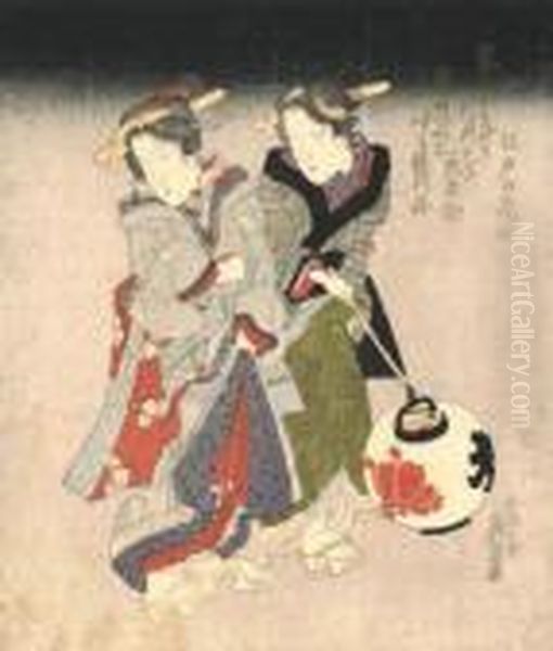 Deux Geisha, La Nuit, Se Promenent Avec Une Lanterne En Tenant Les Pans De Leurs Kimono. Oil Painting by Keisai Eisen