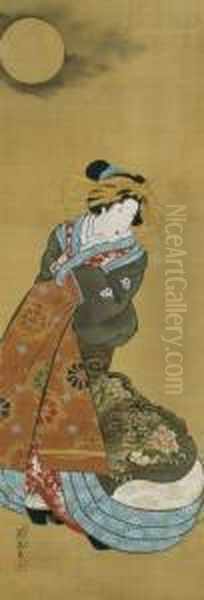 Courtesan In Moonlight Oil Painting by Keisai Eisen