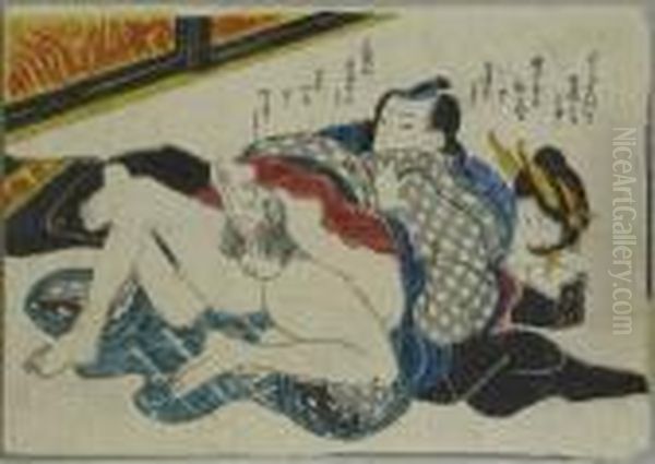 Eisen, Ikeda . Shunga-blatt. Geisha Und Liebhaber. Japan, 1835/40 Oil Painting by Keisai Eisen