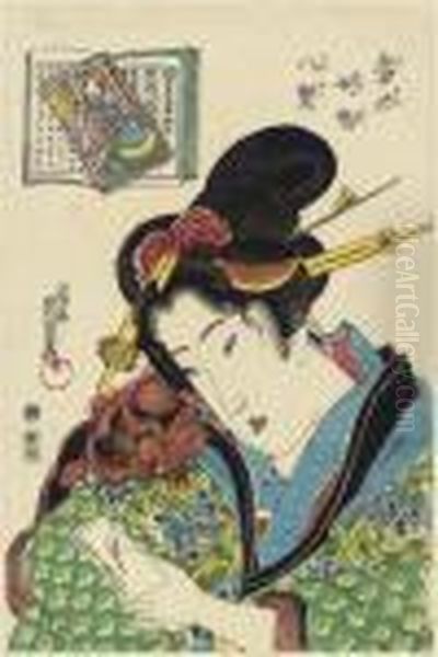 Nine Prints: Four Half-length Portraits Of Beauties, From The Series Oil Painting by Keisai Eisen