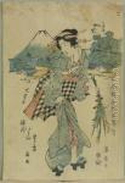 Eisen, Ikeda . Geisha Mit Blumenstrau?, Japan Oil Painting by Keisai Eisen