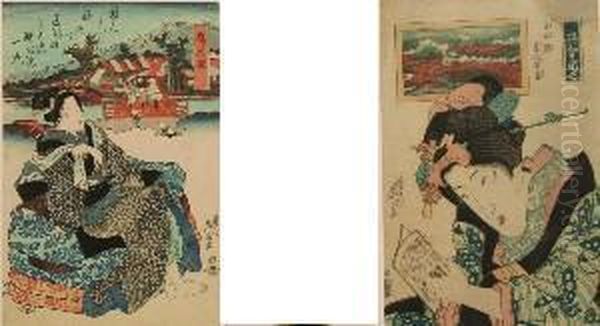 A Pair Of Woodcut Prints Including Hodogaya Station And Woman Reading In Kimono Oil Painting by Keisai Eisen