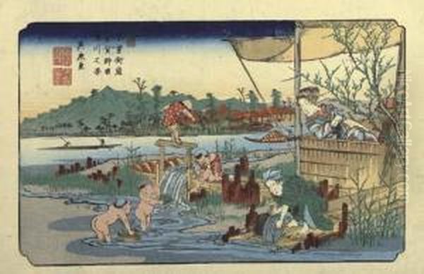 Kuragano Shuku Karasugawa No Zu (the Karasu River At Kuragano Station) Oil Painting by Keisai Eisen