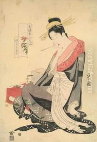 La Courtisane Morokoshi De La 
Maison Echizenya Assise Tenant Un Pinceau Et Composant Un Poeme. Oil Painting by Chobunsai Eishi