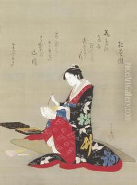 Beauty Writing A Poem On A Fan Oil Painting by Chobunsai Eishi