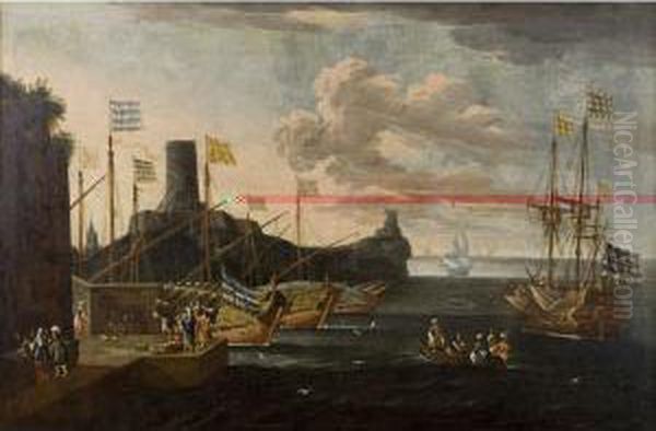 Veduta Marina Con Porto Fortificato E Galeoni All'approdo Oil Painting by Johann Eismann