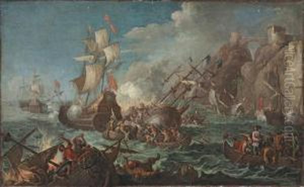 A Sea Battle With Men Boarding A Floundering Man-of-war Near A Clifftop Fortress Oil Painting by Johann Eismann