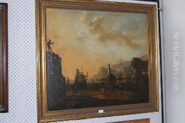 A Mediterranean Harbour Scenewith Moored Shipping And Ruined Lighthouse Oil Painting by Johann Eismann