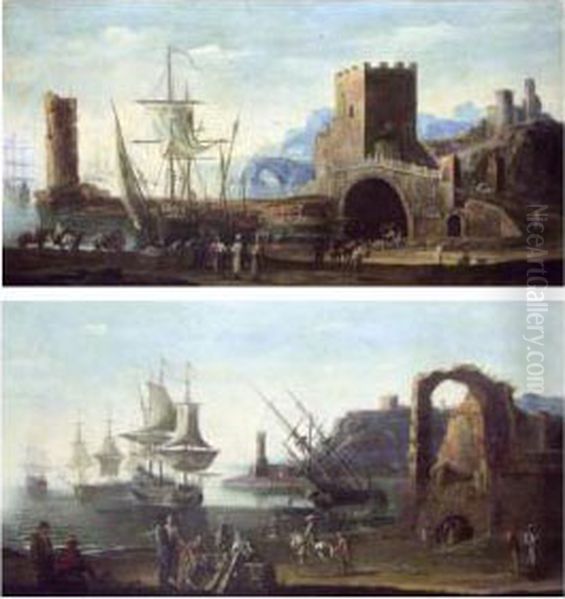 Marchand Et Pecheurs Dans Un 
Port Mediterraneen - L'embarquement Dans Un Port Mediterraneen. Oil Painting by Johann Eismann