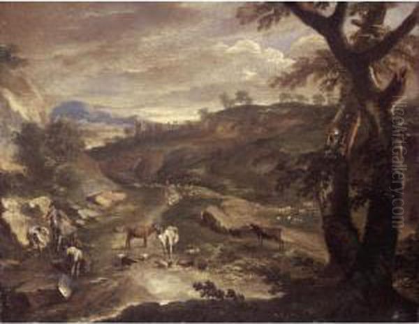 An Italianate Landscape With Drovers And Their Animals Beside A Road Oil Painting by Johann Eismann