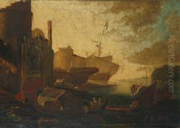 Zwei Mediterrane Hafenszenen. Oil Painting by Johann Eismann