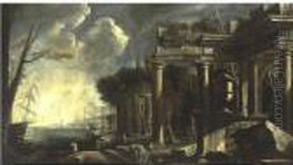 View Of A Harbor With Classical Ruins Oil Painting by Johann Eismann