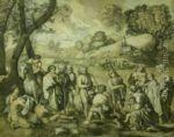 A Rockyitalianate Landscape With Christ On The Road To Emmaus Oil Painting by Johann Eismann