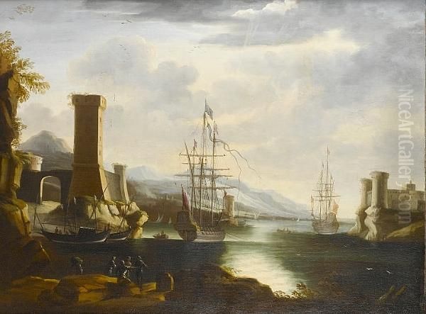 A Mediterranean Harbour With 
Moored Shipping, A Fortress Beyond And Stevedores On A Bank In The 
Foreground Oil Painting by Johann Eismann