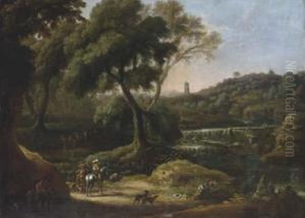 An Extensive Landscape With A Waterfall And Figures Shooting With Dogs And Horses Oil Painting by Johann Eismann