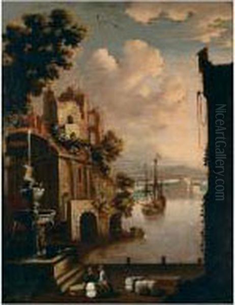 A Capriccio Harbour Scene With A Castle In The Distance Oil Painting by Johann Eismann