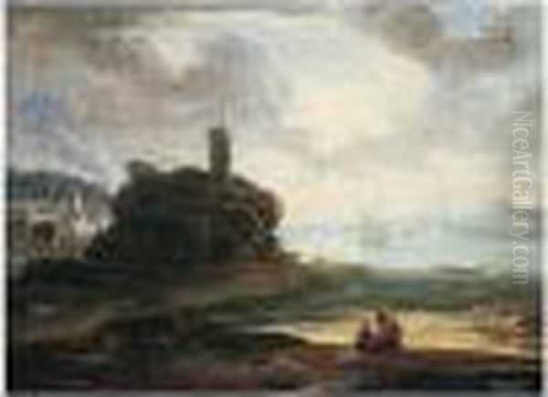 A Mediterranean Coastal Scene With A Watch-tower At Sunset Oil Painting by Johann Eismann