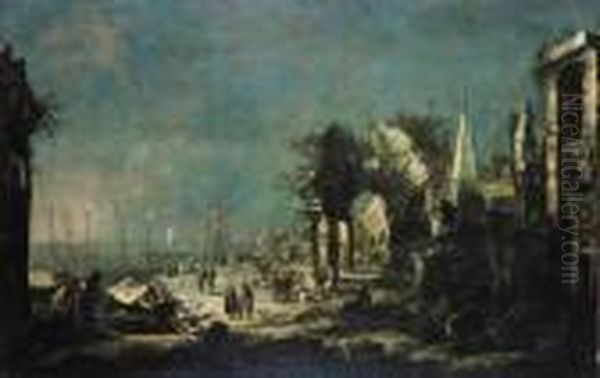 Marina Mediterranea Con Astanti Vari E Un Capriccio Di Rovine Classiche Oil Painting by Johann Eismann