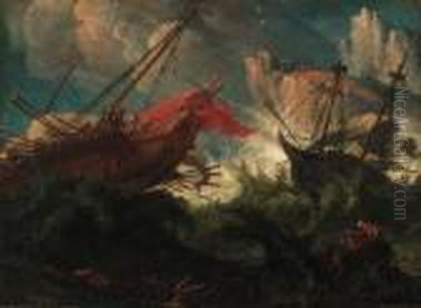 A Galley And A Man-'o-war In Stormy Seas Off A Rockycoastline Oil Painting by Johann Eismann