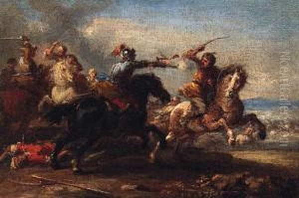 A Cavalry Skirmish Between Christians And Turks Oil Painting by Johann Eismann