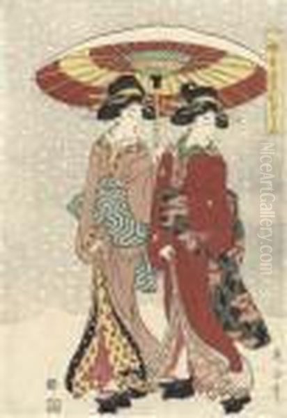 A Design Of Two Beauties In The Snow Oil Painting by Kikukawa Eizan