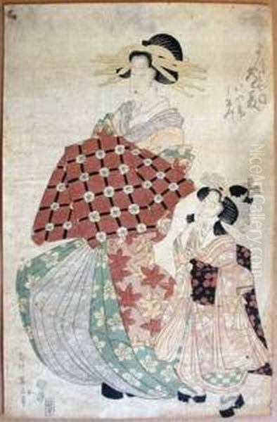 Courtesan And Attendant Oil Painting by Kikukawa Eizan