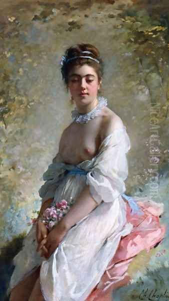 A Beauty with a Bouquet Oil Painting by Charles Chaplin