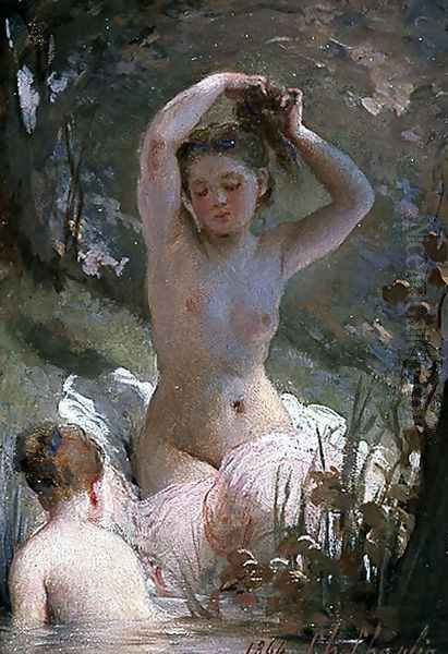 Two Girls Bathing, 1864 Oil Painting by Charles Chaplin