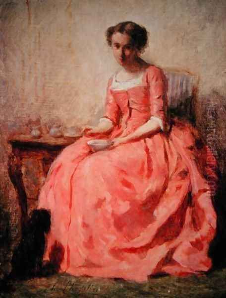 Girl in a pink dress at a table Oil Painting by Charles Chaplin