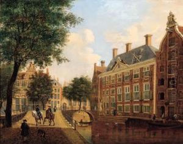 A View On The Oudezijds Heerenlogement On The Oudezijdsvoorburgwal Oil Painting by Jan Ten Compe or Kompe