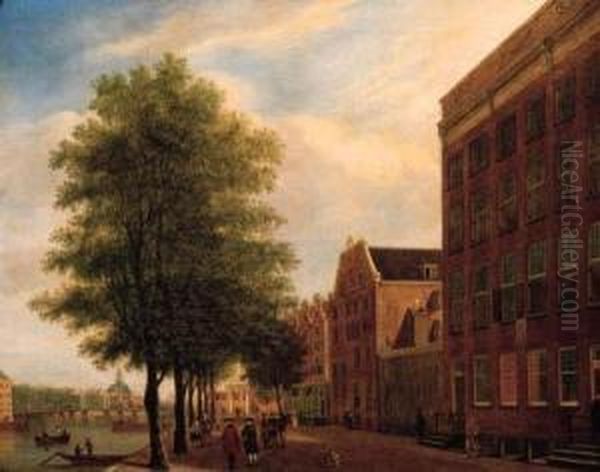 A View Of The Prins Hendrikkade, Amsterdam, With The Muiderpoort Inthe Distance Oil Painting by Jan Ten Compe or Kompe