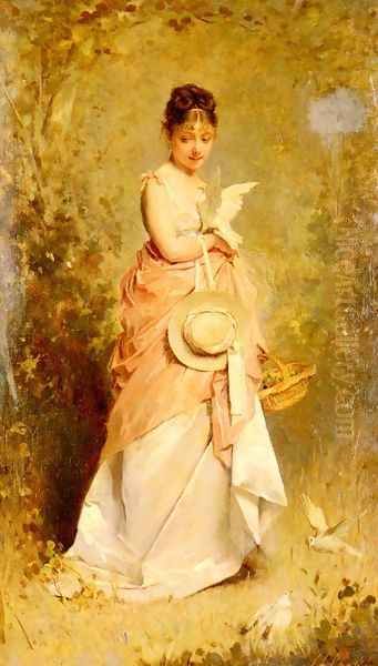 La Jeune Fille Aux Colombes (Girl with Doves) Oil Painting by Charles Chaplin