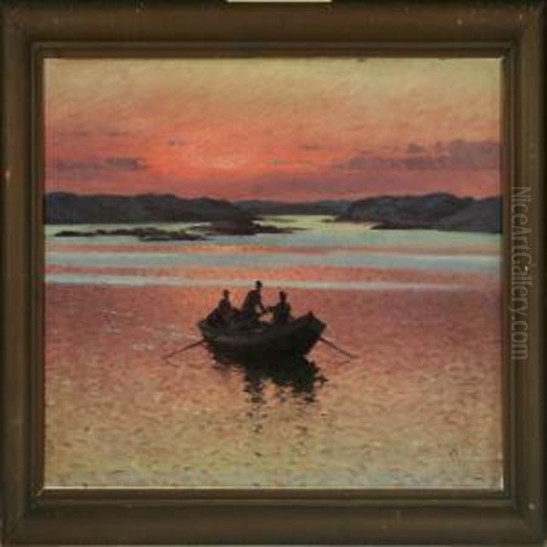 Sunset At The Sea With Rowing Boat Oil Painting by Emil Ekman