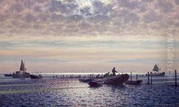 Fishermen By The Pound Nets, Early Morning. Signed Emil Ekman by Emil Ekman