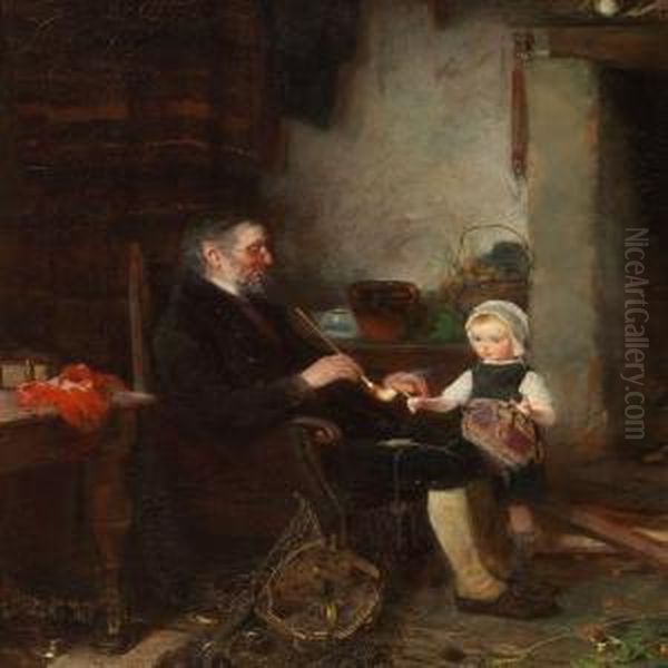 A Little Girl Is Lightinggrandfathers Pipe Oil Painting by Emma Ekwall