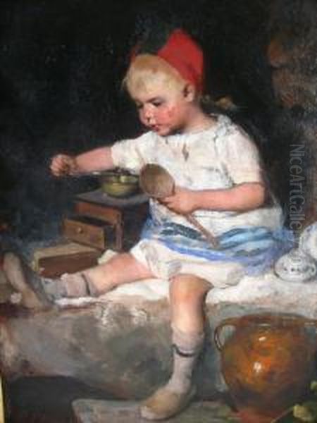 Young Girl With Wooden Spoon & Coffee Mill Oil Painting by Emma Ekwall