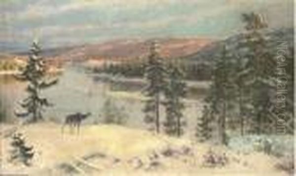 An Elk In A Winter Landscape Oil Painting by H. Knut Ekwall