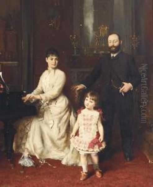 Portrait Of A Gentleman And His Wife With Their Young Child In Aninterior Oil Painting by H. Knut Ekwall